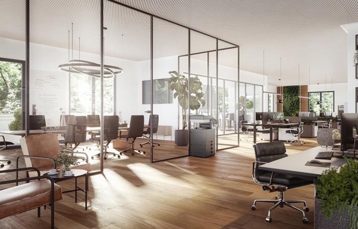 Offene Büroflächen im Haus K des Lodenfreypark in München-Schwabing. Architekturvisualisierung von smpl, einer der führenden 3D-Agenturen in Deutschland.