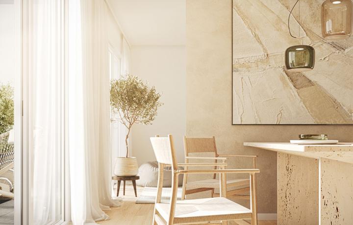 Stimmungsvolles Mood-Bild aus dem Wohnbereich im URBAN GREEN. 3D-Architekturvisualisierung von smpl, einer der führenden 3D-Agenturen in Deutschland.