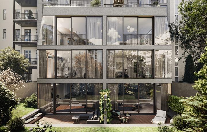 Gartenfassade mit viel Glas beim Christoph 9, einer luxuriösen Altbausanierung in München. 3D-Architekturvisualisierung von smpl, einer der führenden 3D-Agenturen in Deutschland.