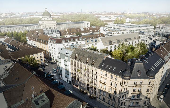 Luftbild des Christoph 9 mit Sichtachse zur bayerischen Staatskanzlei in München. 3D-Architekturvisualisierung von smpl, einer der führenden 3D-Agenturen in Deutschland.