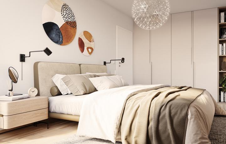 Schlafzimmer im Seeseiten, einem Wohn- und Gewerbeobjekt in Friedrichshafen am Bodensee. 3D-Visualisierung von smpl, einer der führenden 3D-Agenturen in Deutschland.