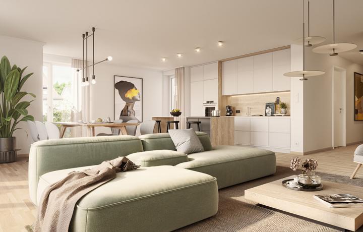 Architektur-Visualisierung eines Wohnbereichs im Seeseiten in Friedrichshafen. 3D-Visualisierung von smpl, einer der führenden 3D-Agenturen in Deutschland.