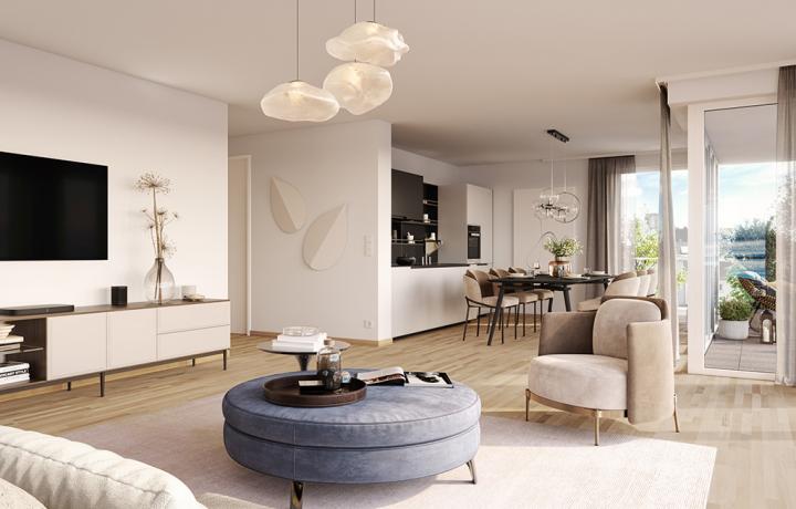 3D-Visualisierung eines Wohnbereichs im Seeseiten in Friedrichshafen. 3D-Visualisierung von smpl, einer der führenden 3D-Agenturen in Deutschland.