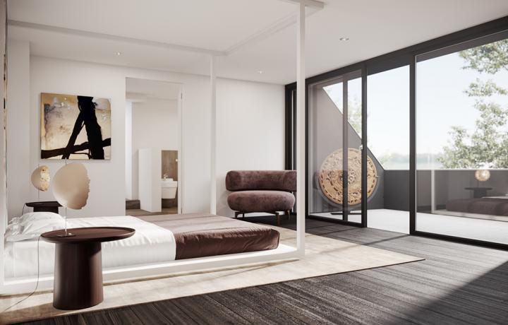 Master-Bedroom einer Privat-Villa am Starnberger See. 3D-Visualisierung von smpl, einer der führenden 3D-Agenturen in Deutschland.