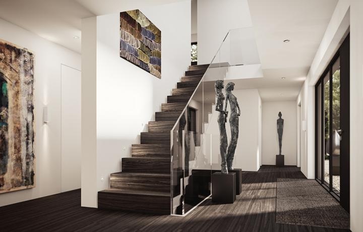 3D-Visualisierung des Eingangsfoyers dieser privaten Villa in Feldafing am Starnberger See. Architekturvisualisierung von smpl, einer der führenden 3D-Agenturen in Deutschland.