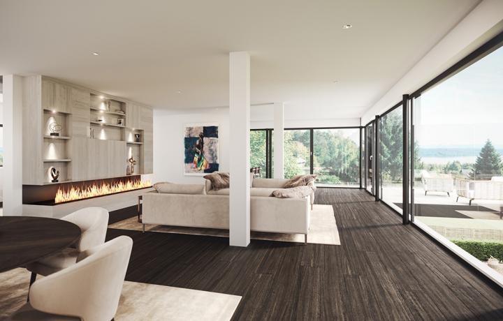 Großzügiger Wohnbereich einer privaten Villa am Starnberger See. Architekturvisualisierung von smpl, einer der führenden 3D-Agenturen in Deutschland.