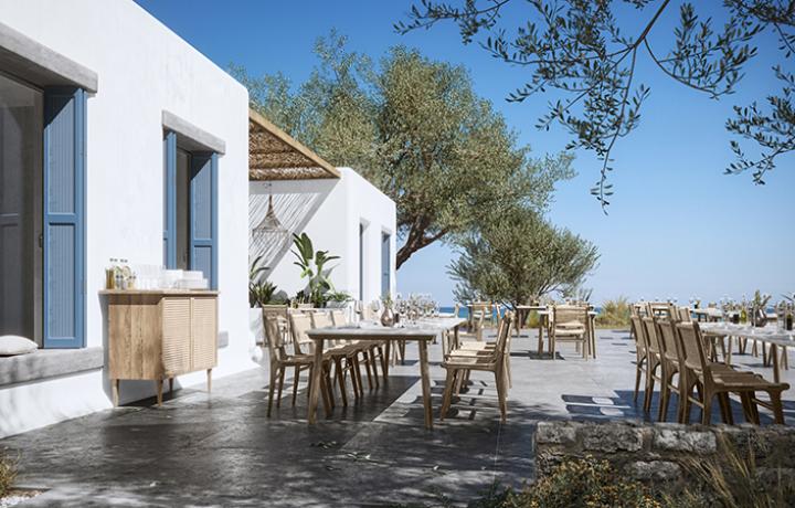 3D-Visualisierung eines Restaurants an der griechischen Küste. Architekturvisualisierung von smpl, einer der führenden 3D-Agenturen in Deutschland.